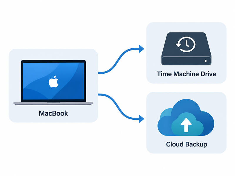 An infographic on how to protect your MacBook with Time Machine and a cloud backup.