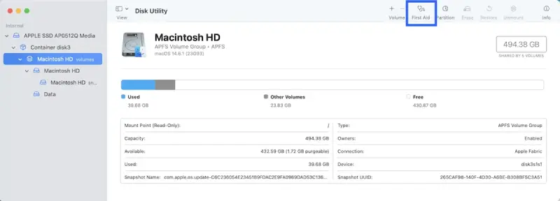 A screenshot of the First Aid option in Disk Utility on macOS.